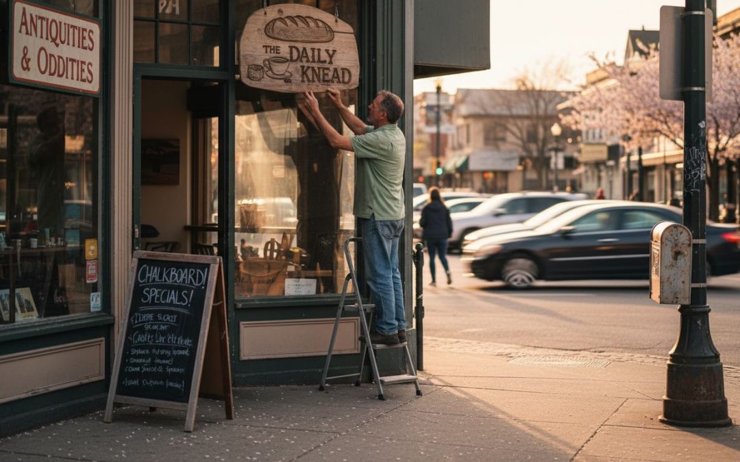 Shop owner adjusting outdoor sign at bakery
