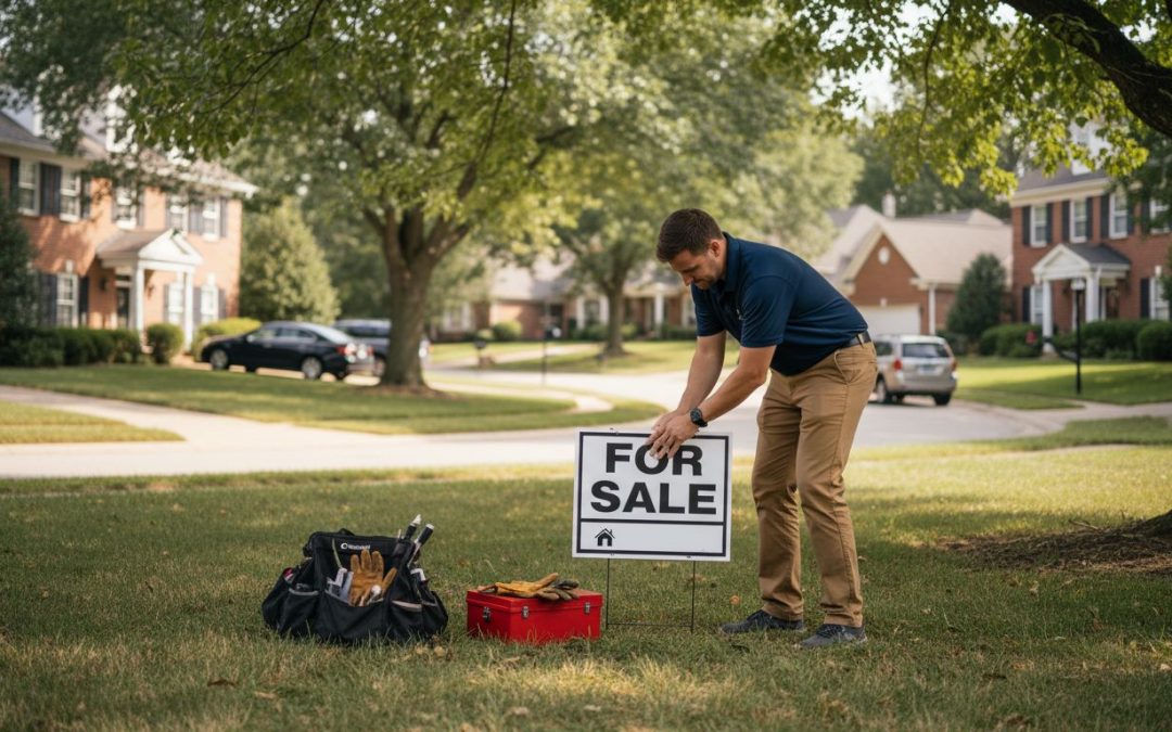 Agent placing real estate sign in yard