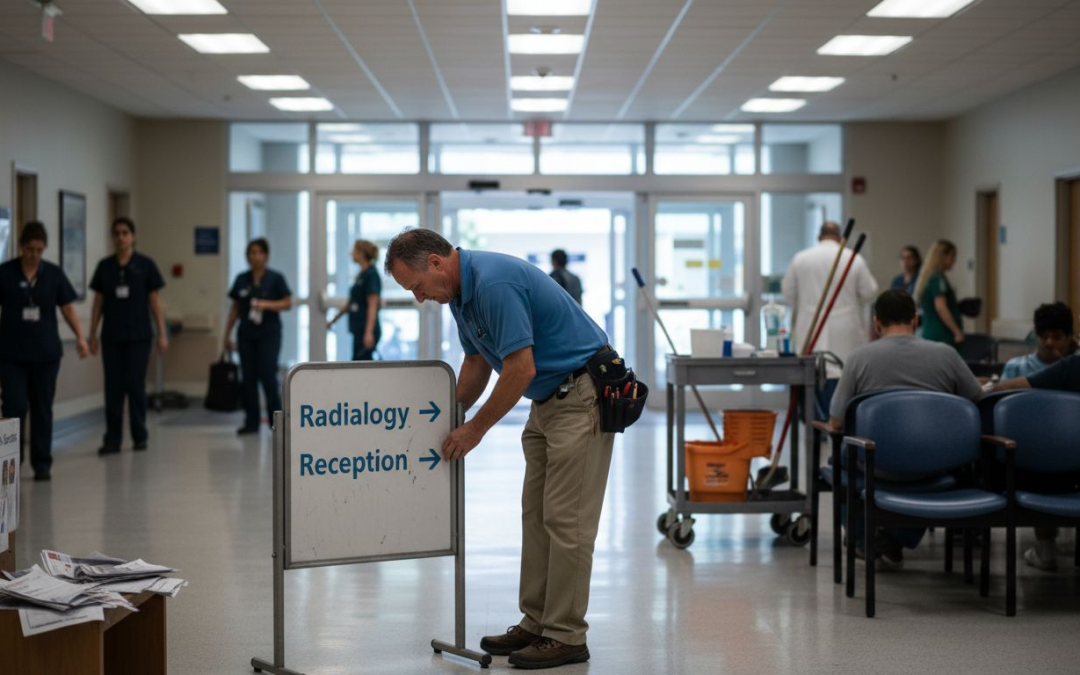 Manager arranging hospital lobby directional sign