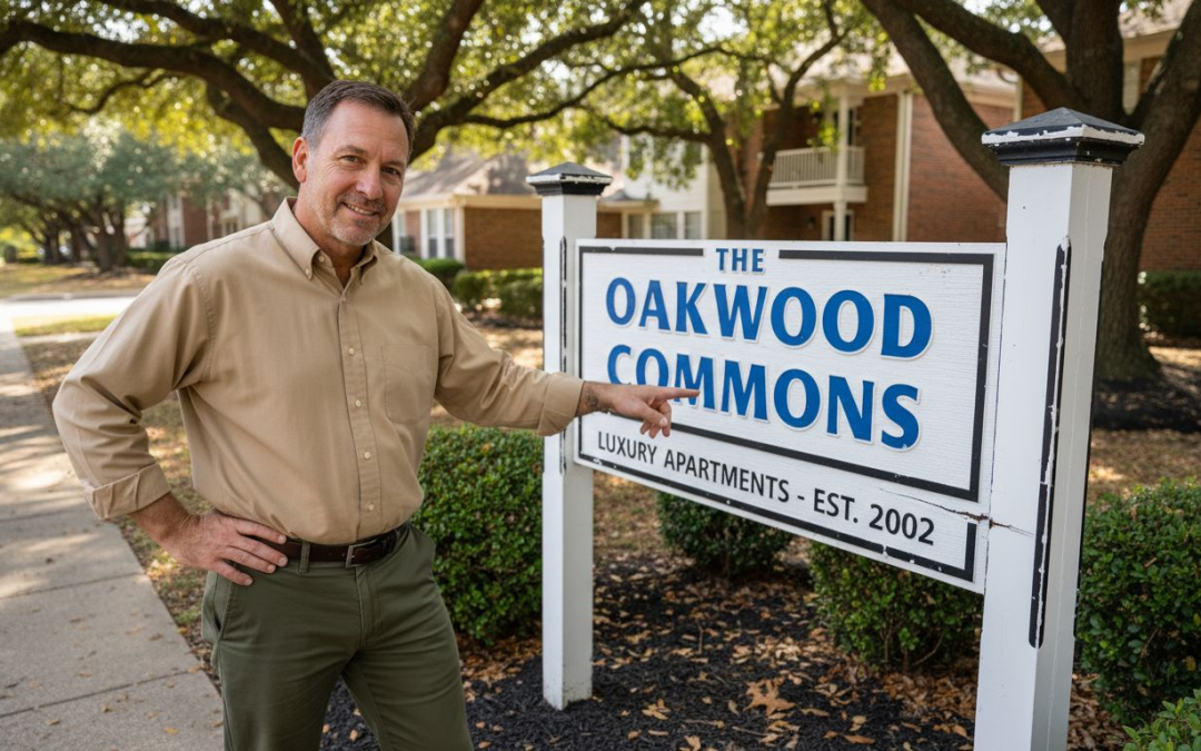 Property manager with entrance signage at complex