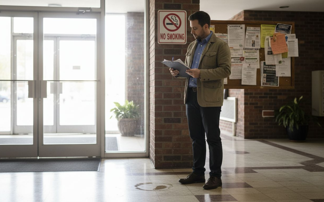 Property manager inspects regulatory sign in lobby