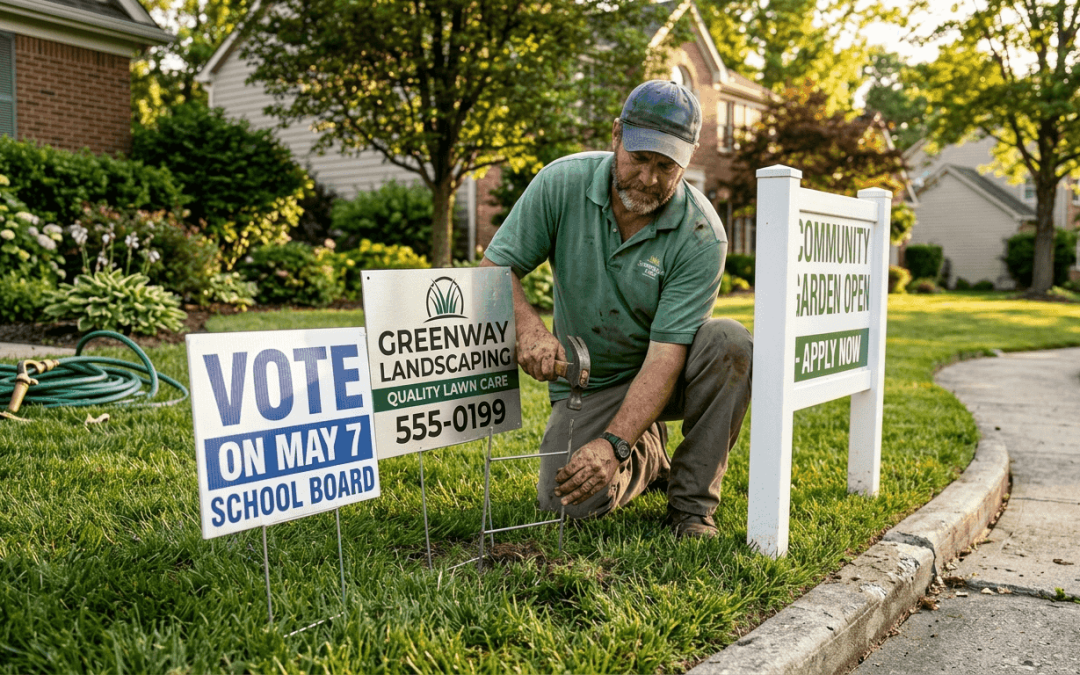 Three lawn signs of different materials outdoors