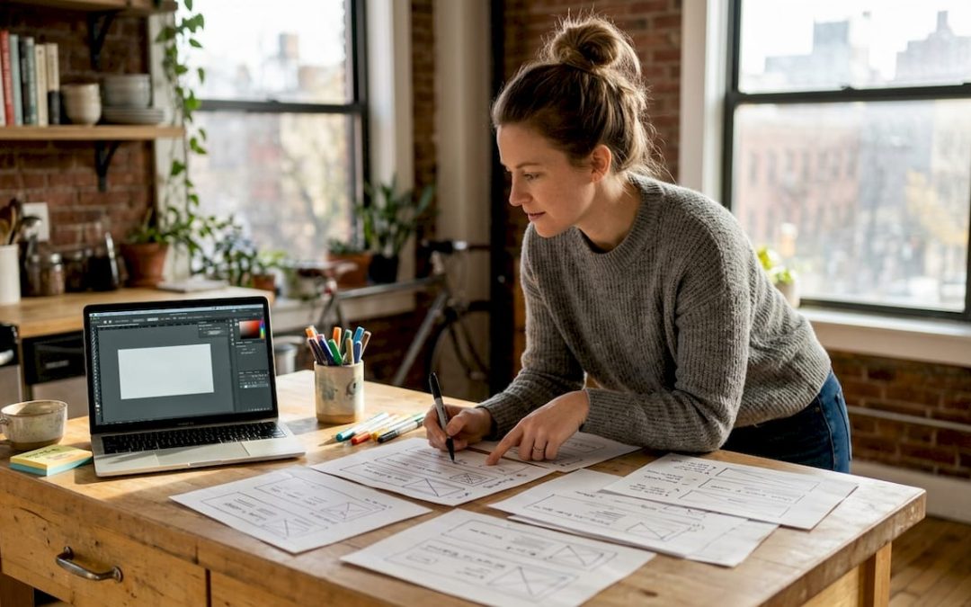 Designer planning banner project at kitchen counter