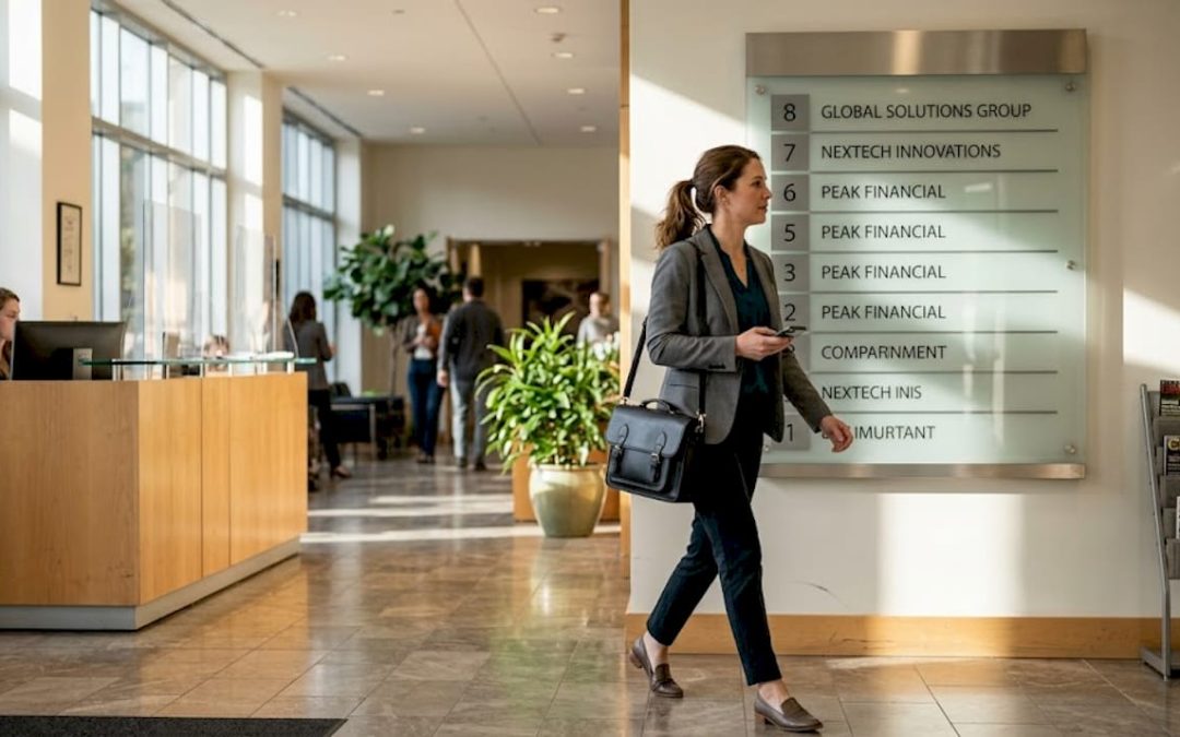 Worker passing lobby signage in modern office