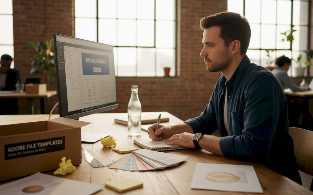 Designer preparing signage files at cluttered desk