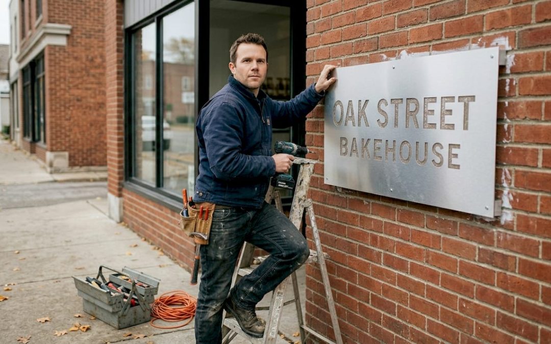 Installer mounting aluminum outdoor sign on brick wall