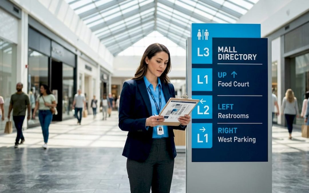 Facility manager reviewing clear wayfinding signage