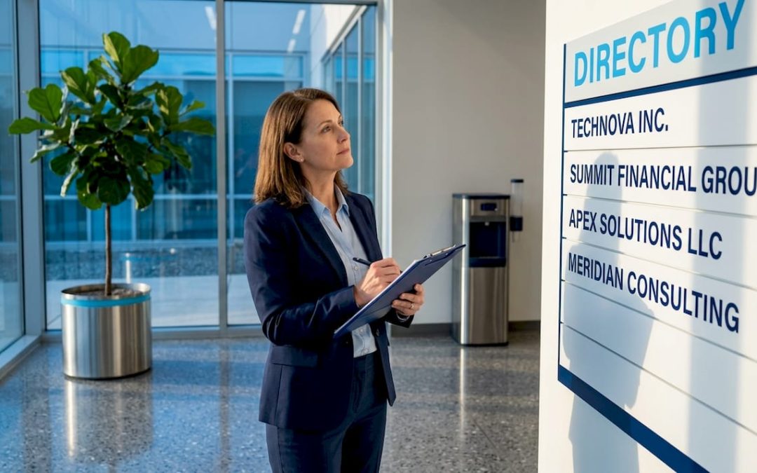Manager reviewing office lobby wayfinding sign