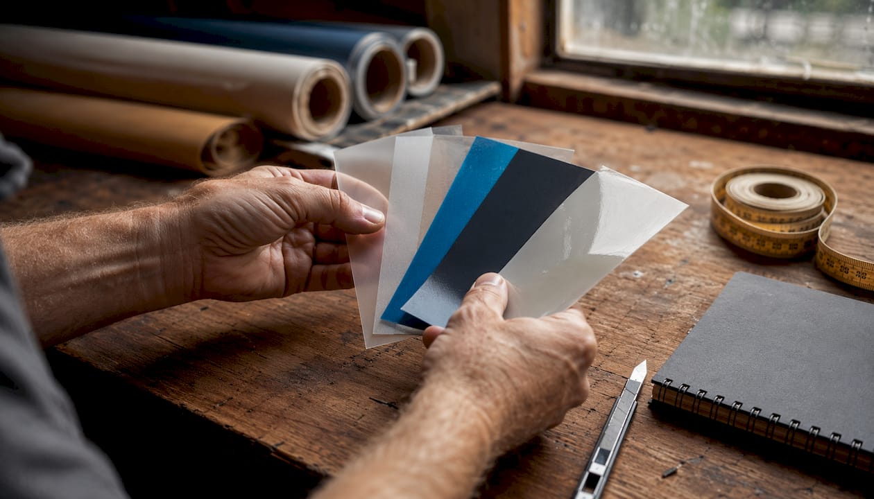 Close-up of vinyl window lettering material samples