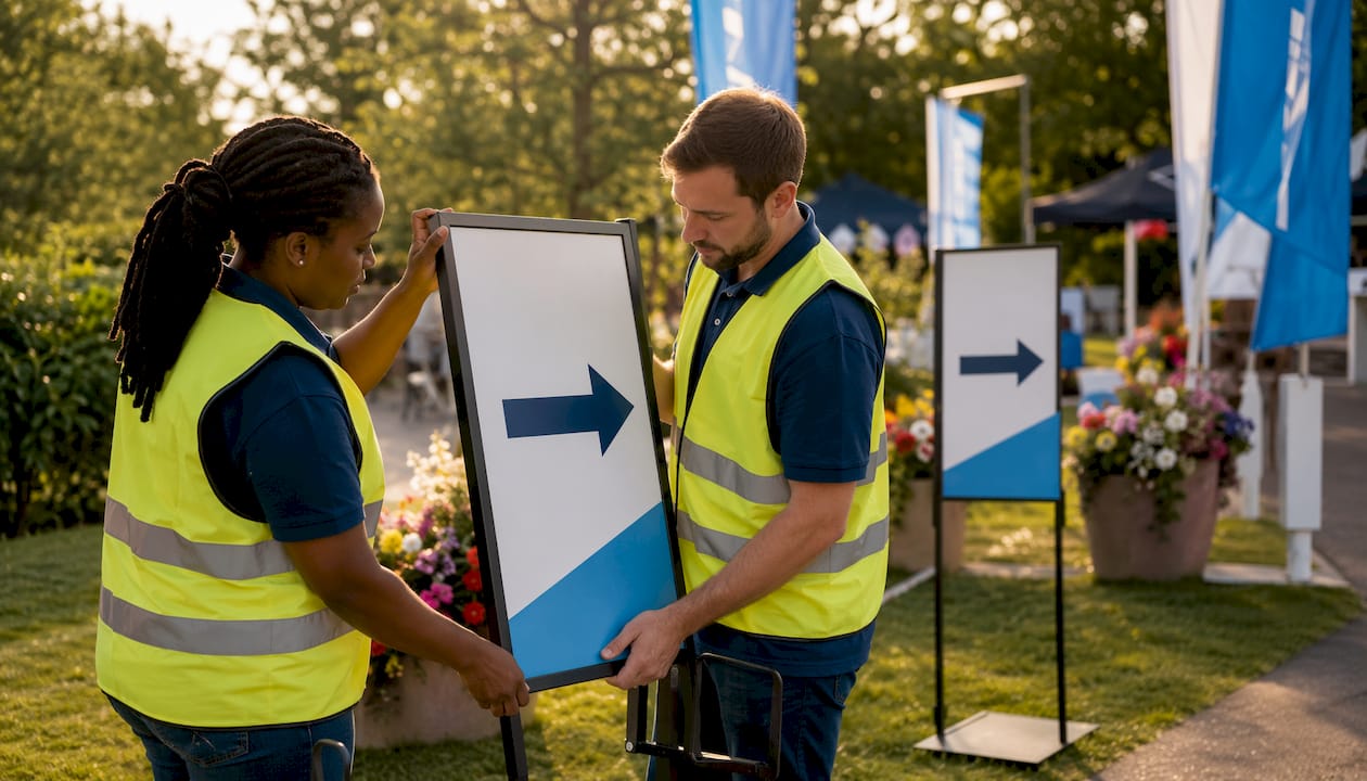 Event staff setting up directional signs outdoors