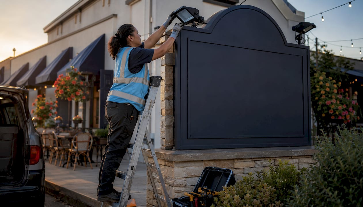 Electrician adjusting floodlight on monument sign