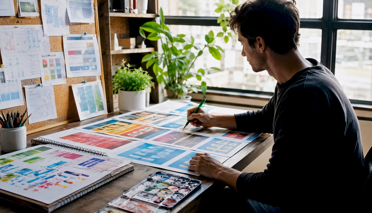 Designer reviewing window lettering proofs for legibility