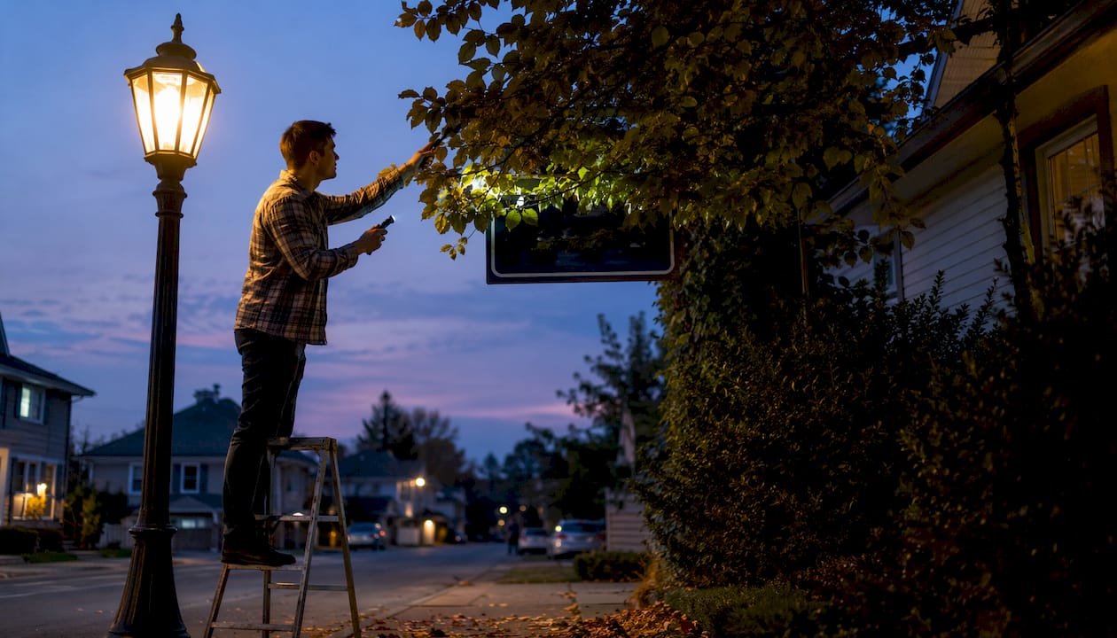 Man inspecting business sign visibility outdoors at dusk
