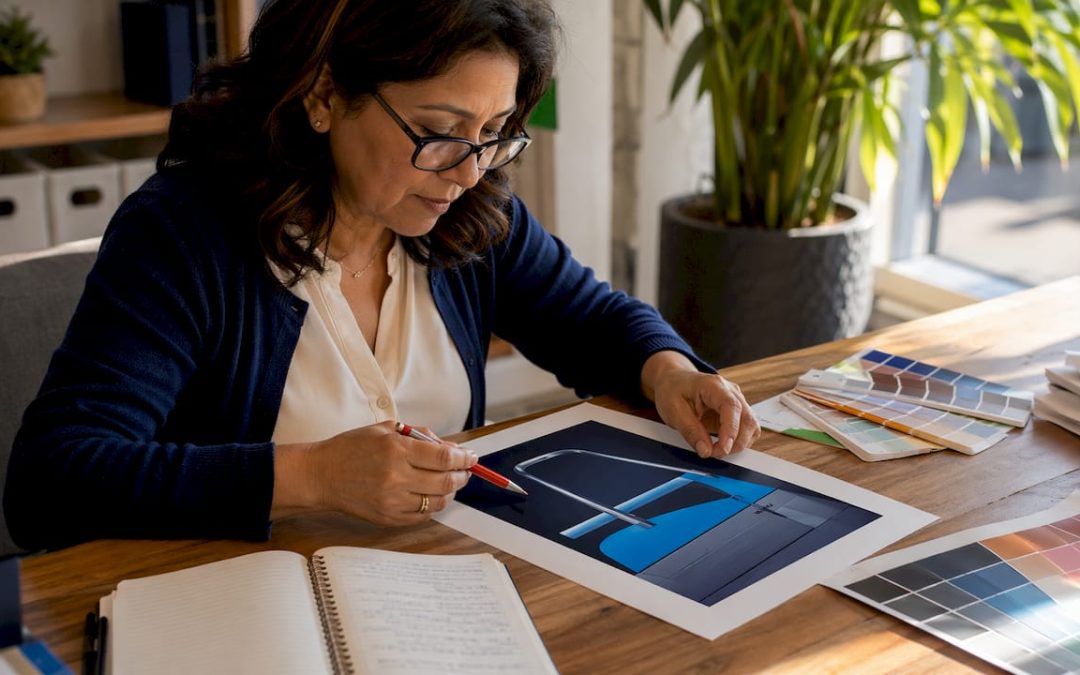 Person reviewing printed sign proof at desk
