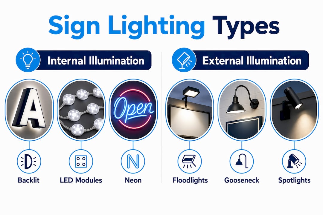 Infographic comparing internal vs external sign lighting