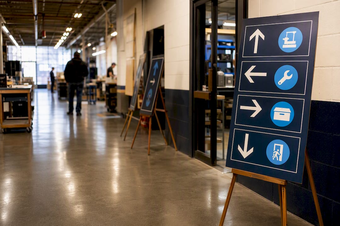 Directional signs guiding workshop attendees indoors