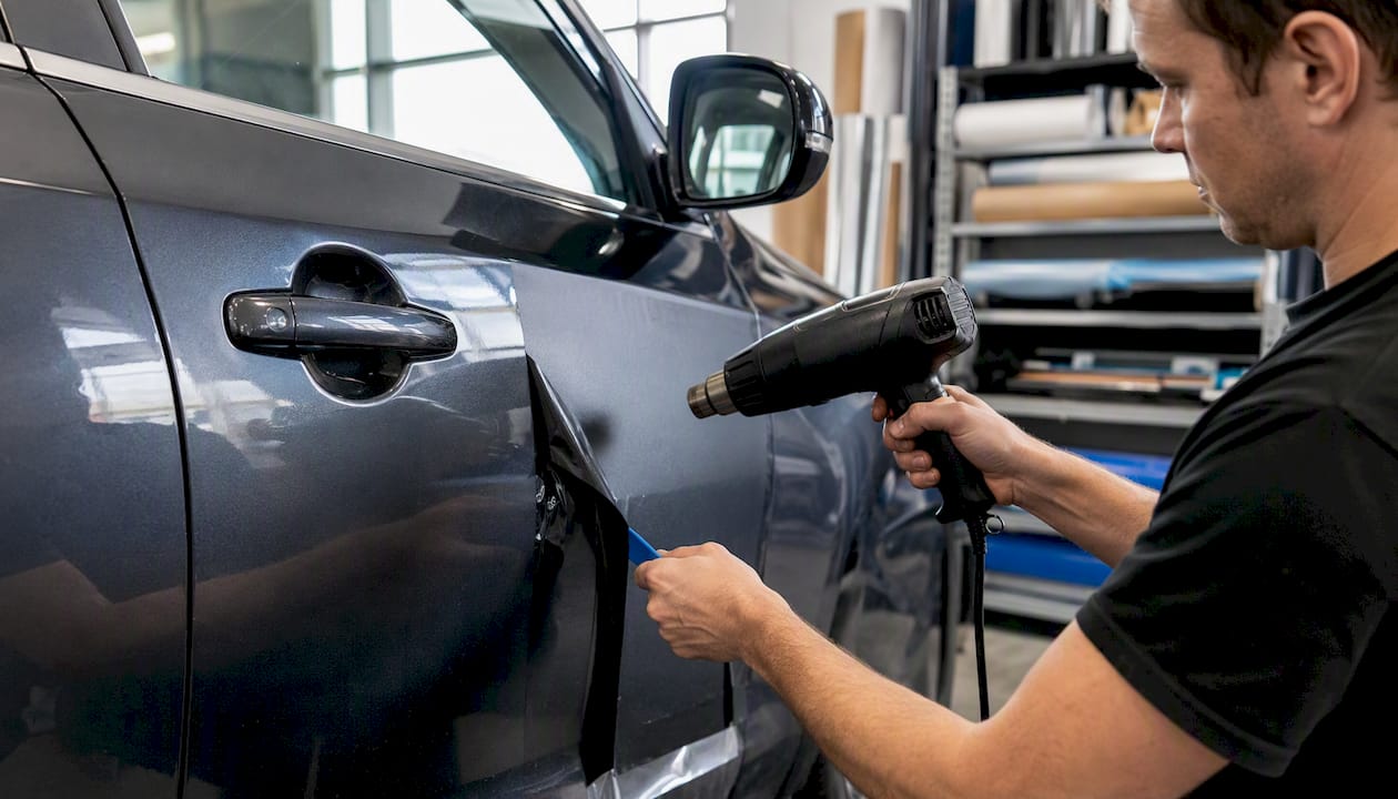 Hands performing decal removal steps on car panel