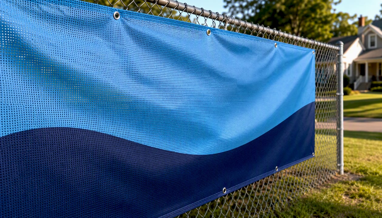 Mesh vinyl banner mounted on fence