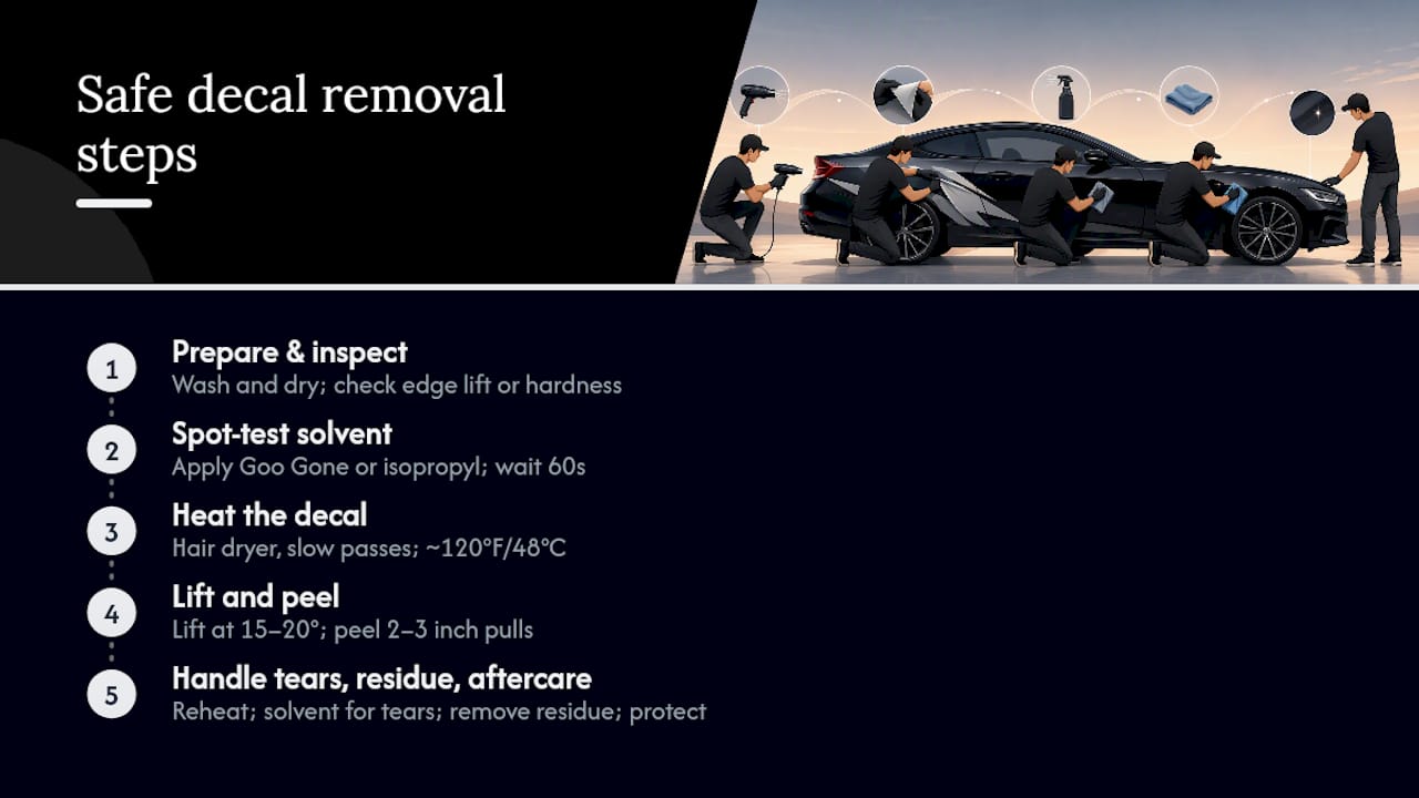 Diagram illustrating step-by-step car decal removal process
