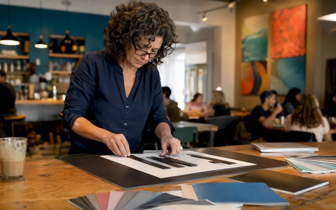 Designer evaluating signage contrast in studio
