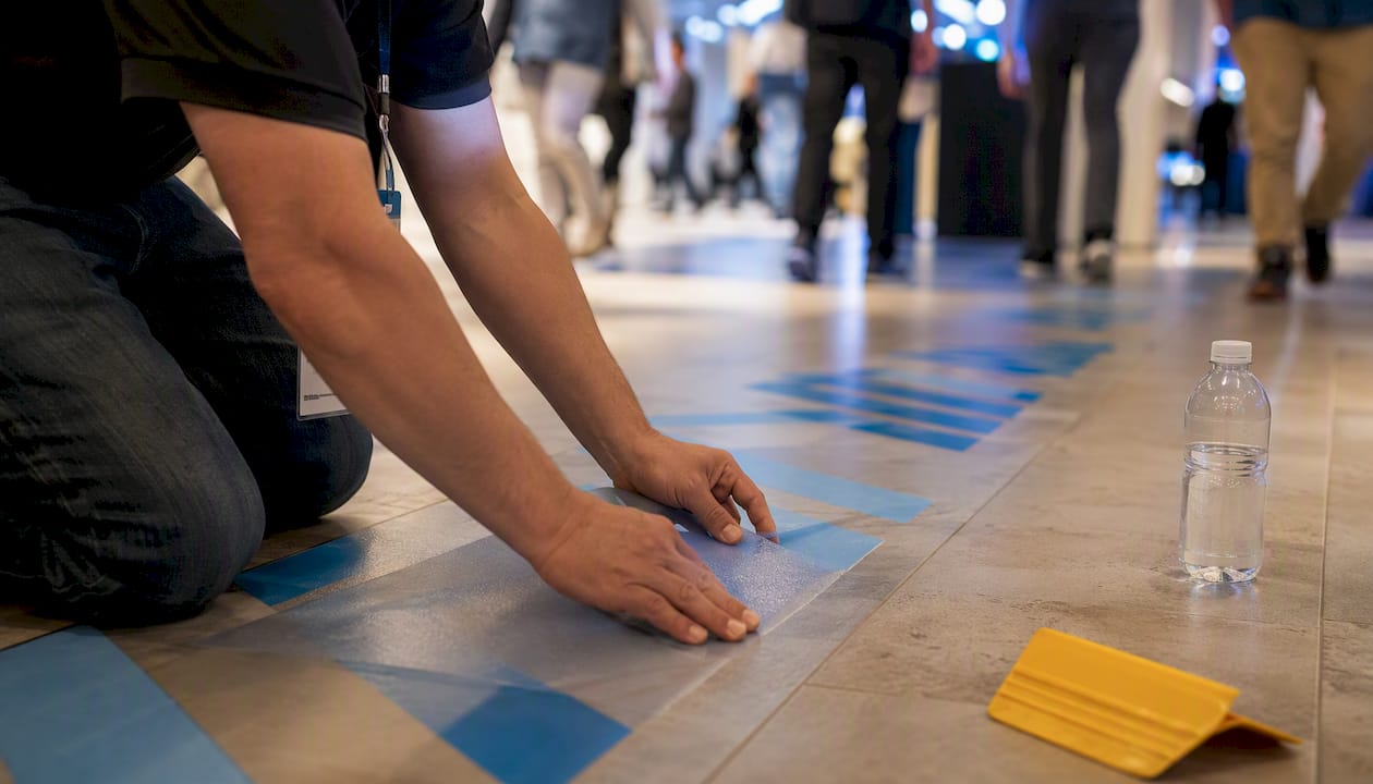 Hands applying floor graphic decal
