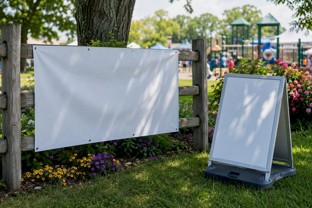 Temporary banner and A-frame sign at event