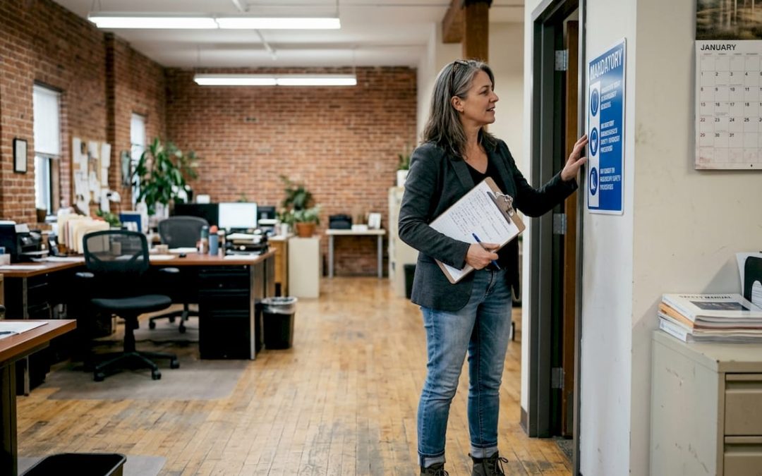 Facilities manager checking mandatory safety sign