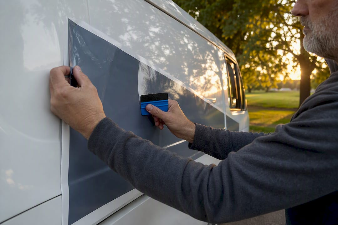 Hands applying vehicle vinyl decal on van door