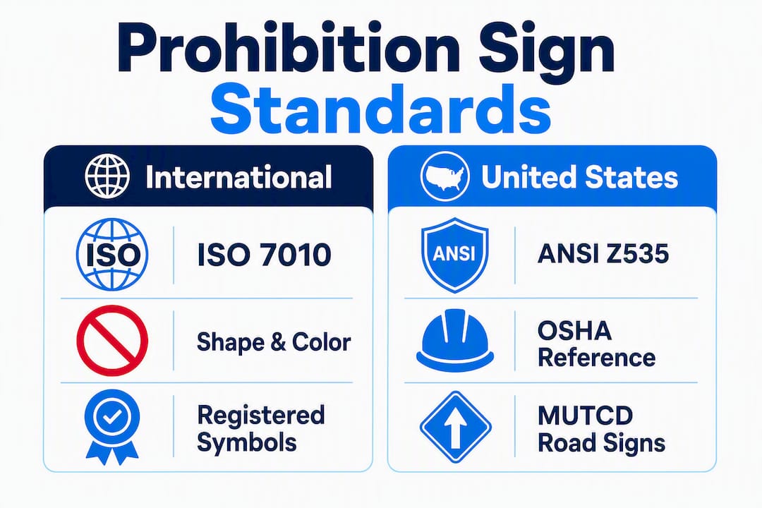 Infographic comparing international and US prohibition sign standards