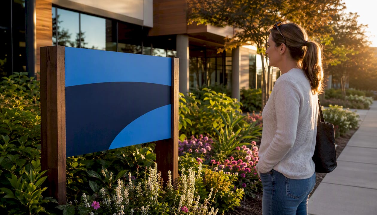 Outdoor sign reflecting sunlight with passerby