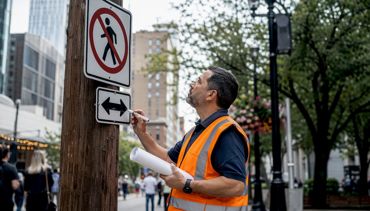 Man inspecting a prohibition sign on site