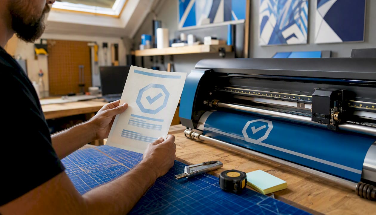 Hands holding permit near sign cutting plotter machine