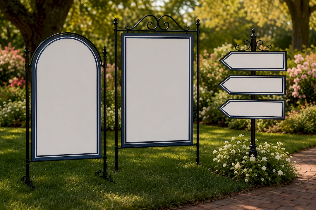 Coordinated wedding signs set outdoors