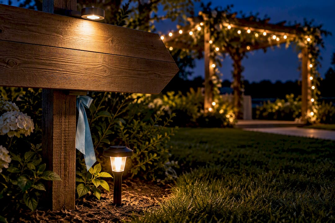 Wedding sign illuminated after dark