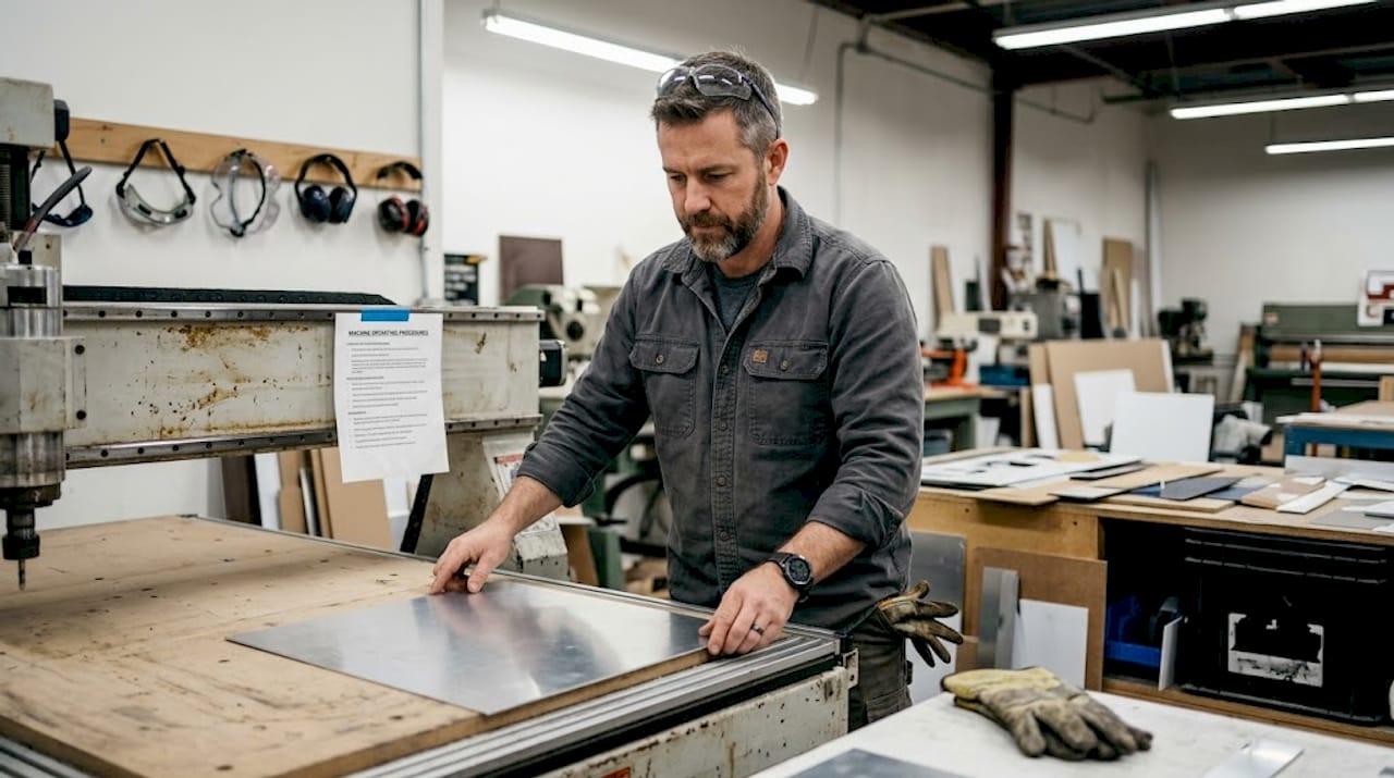 Technician preparing aluminum for sign fabrication