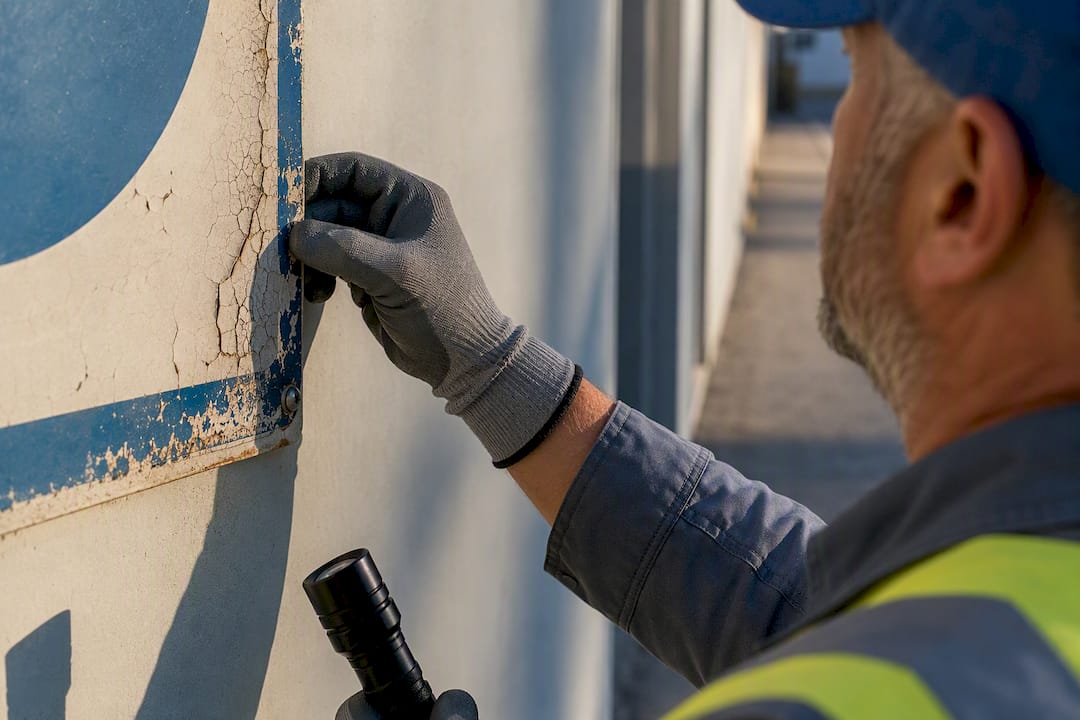 Worker inspecting weathered safety sign surface