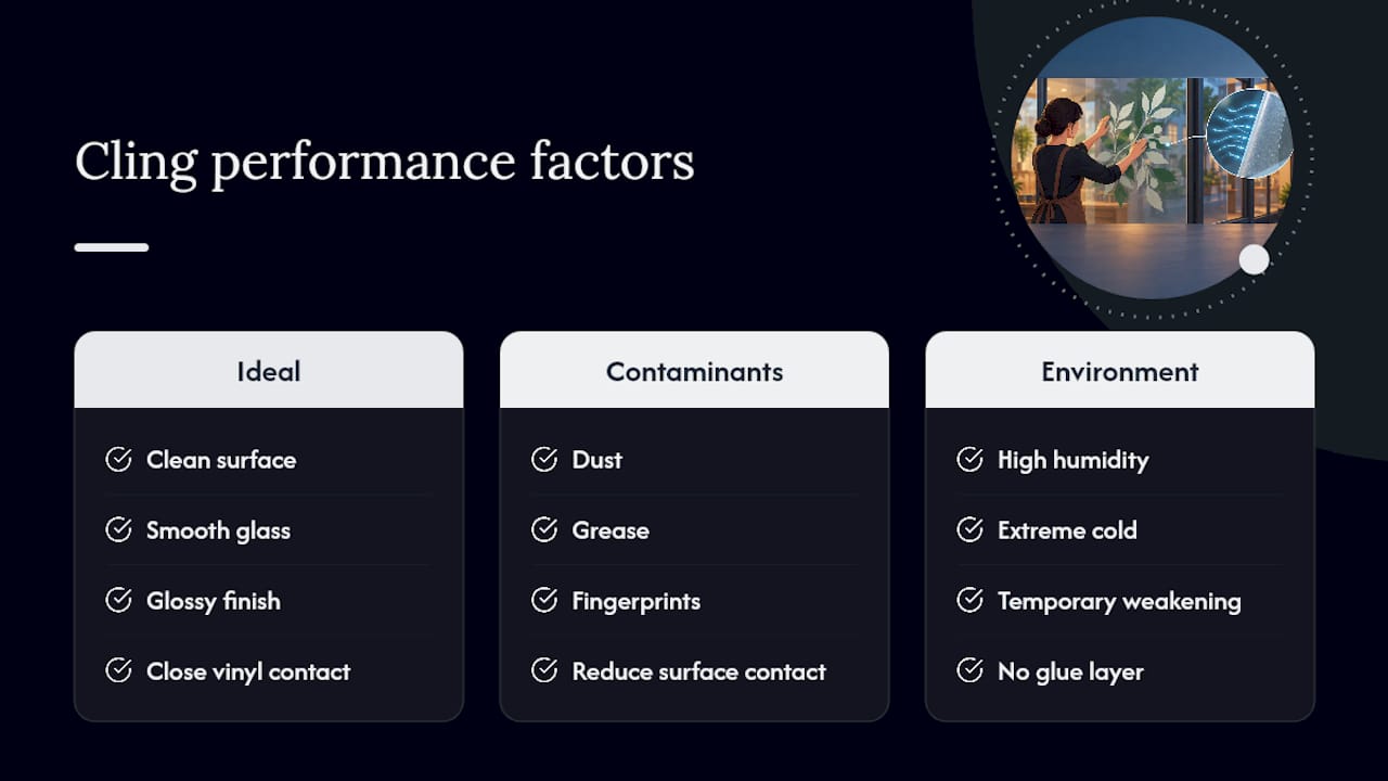 Surface conditions affecting window cling adhesion