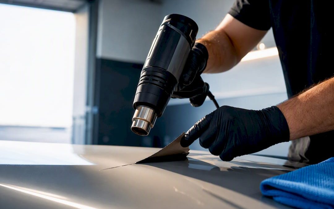 Heat gun warming vinyl sticker edge