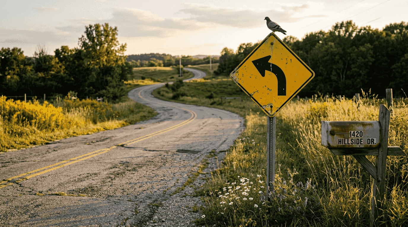 Diamond warning sign by curving rural road
