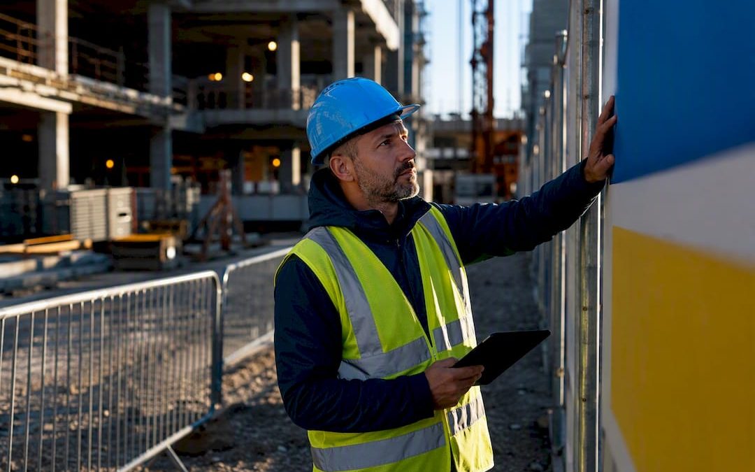 Safety manager inspecting construction signage