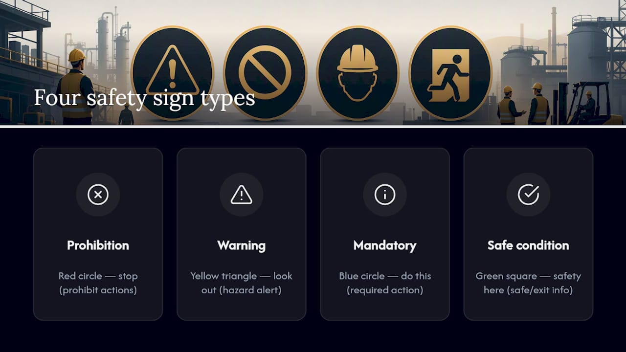 Four standardized safety sign categories and meanings