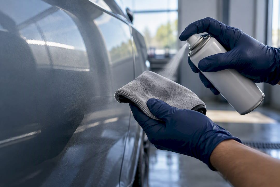 Cloth receiving adhesive remover beside panel