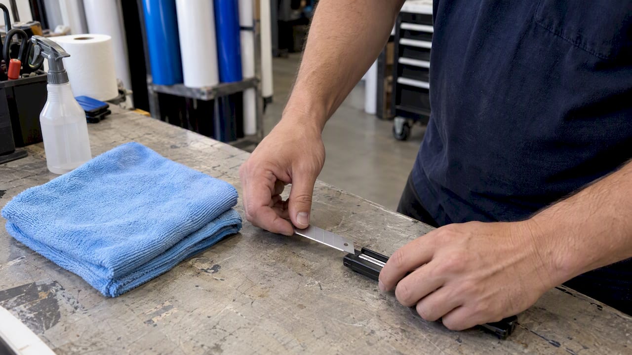 Fresh blade and lint-free towels for decal prep