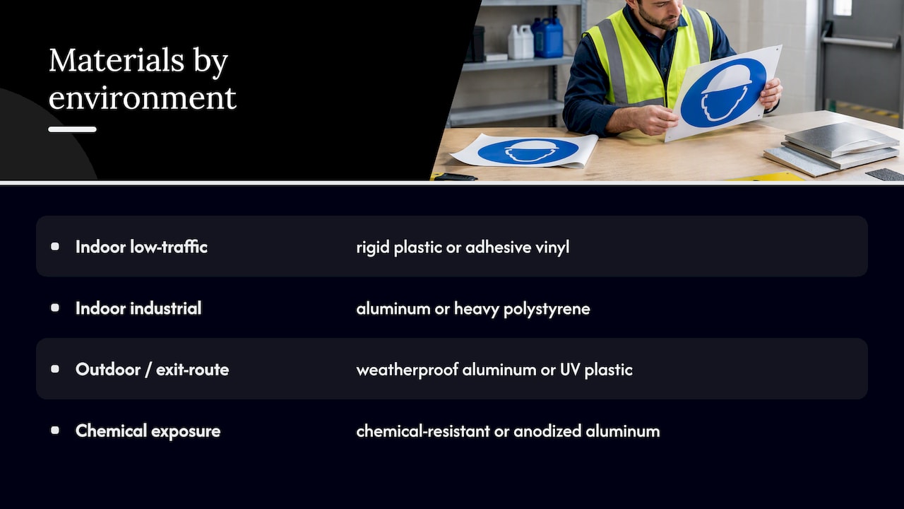 Guidance on selecting durable materials suitable for mandatory health and safety signs — overview diagram
