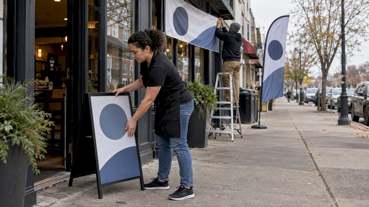 Owner placing temporary event signage