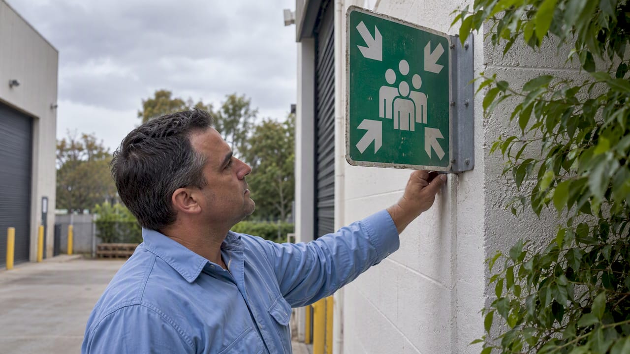 Worker inspecting an exterior green assembly point sign