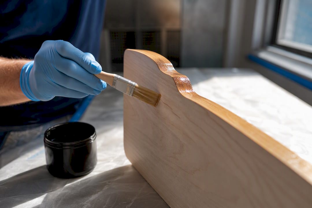 Worker sealing routed wood sign edges