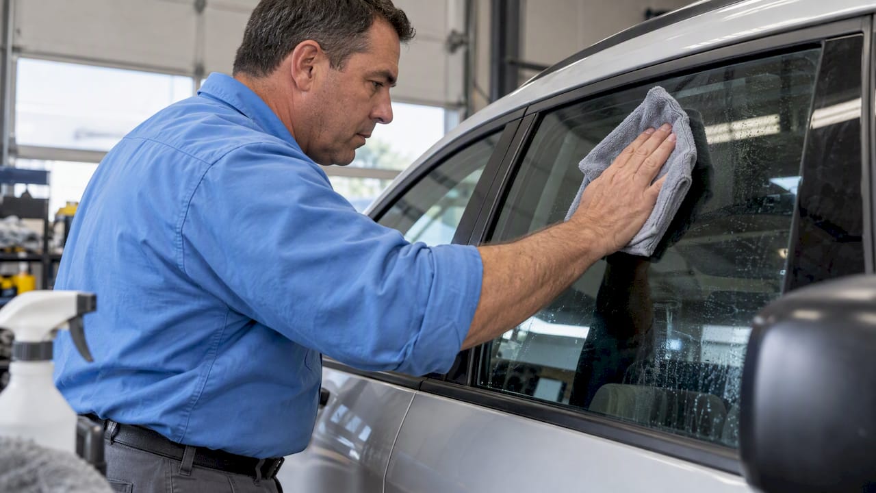 Installer wiping car window with microfiber cloth