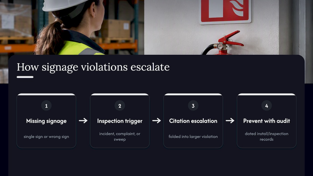 Typical penalties and fines for non-compliance with mandatory signage regulations — overview diagram